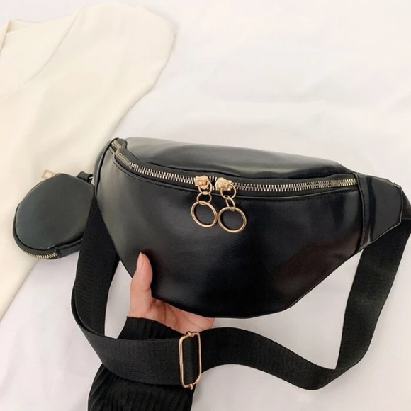 💙 Leather Black Adjustable Strap Fanny Pack With A Removable Coin Purse - Picture 3 of 6